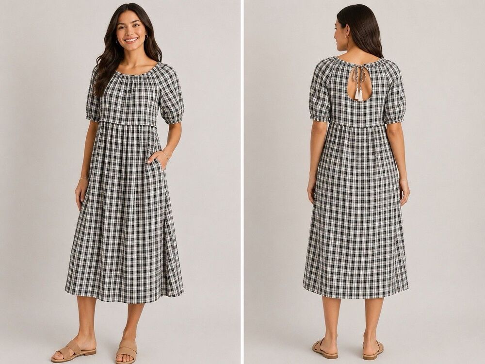 Old Navy Petite M Black White Plaid Smocked Neck Midi Dress Cottagecore Boho - Picture 1 of 7